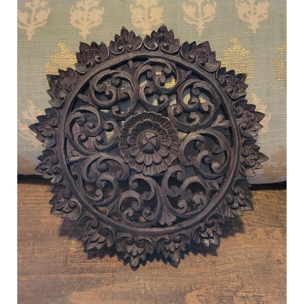 Hand-Carved Teak Wood Trivet 9.5" - Round Boho Floral Mandala Wall Plaque